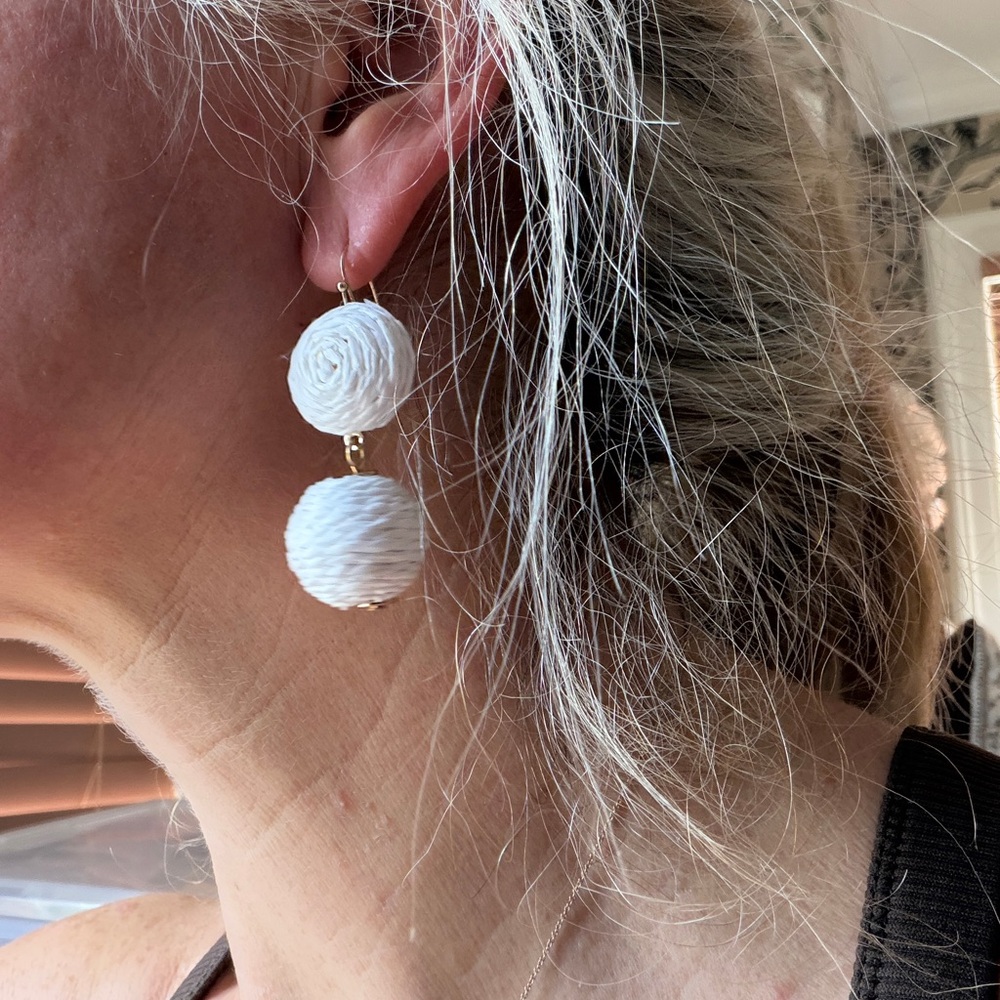 Handmade White Woven DOUBLE BALL Drop Earrings with Gold Hooks